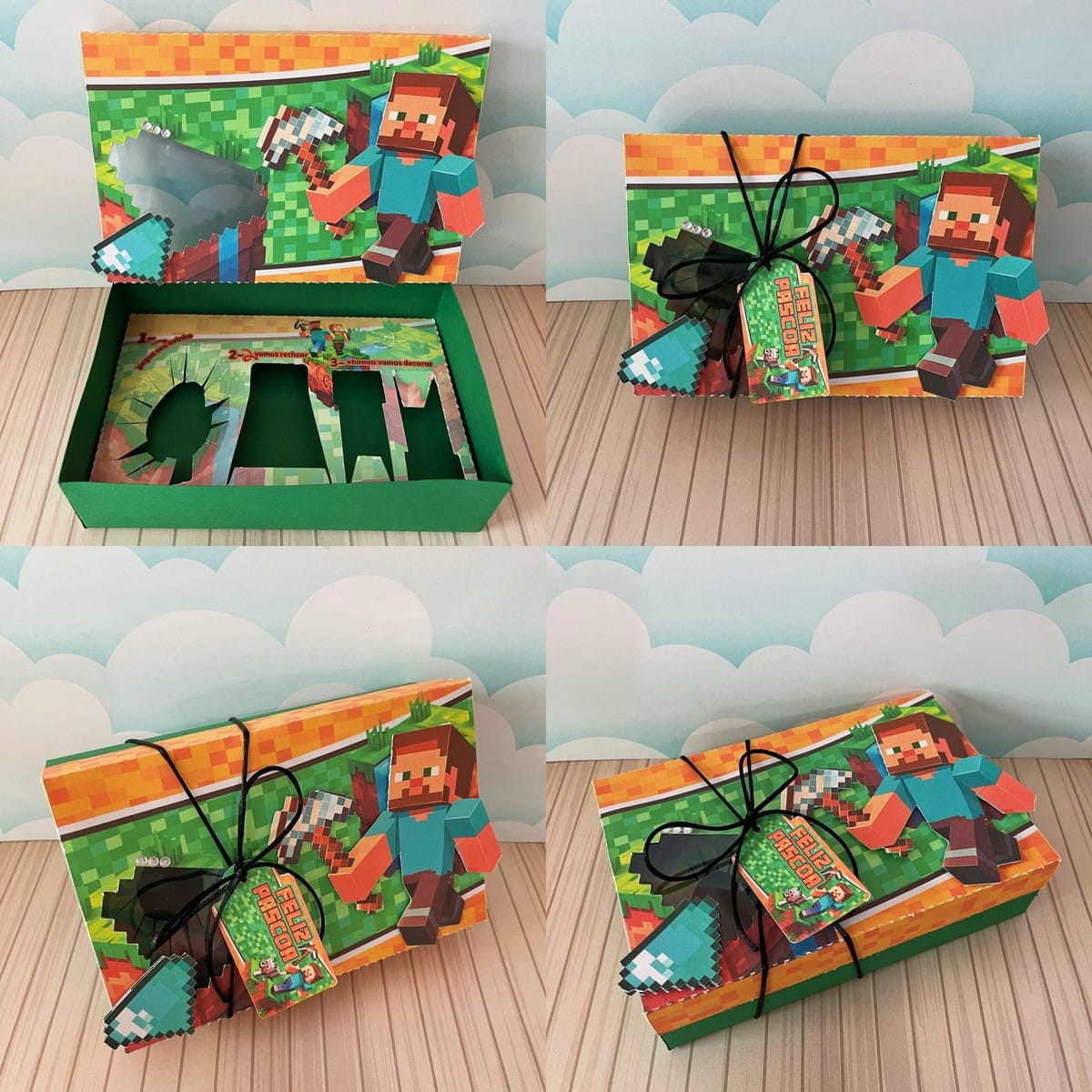 Mini Confeiteiro Minecraft Arquivo Digital para Imprimir 1 Caixa temática de Páscoa com design de blocos e personagens pixelados em quatro ângulos.