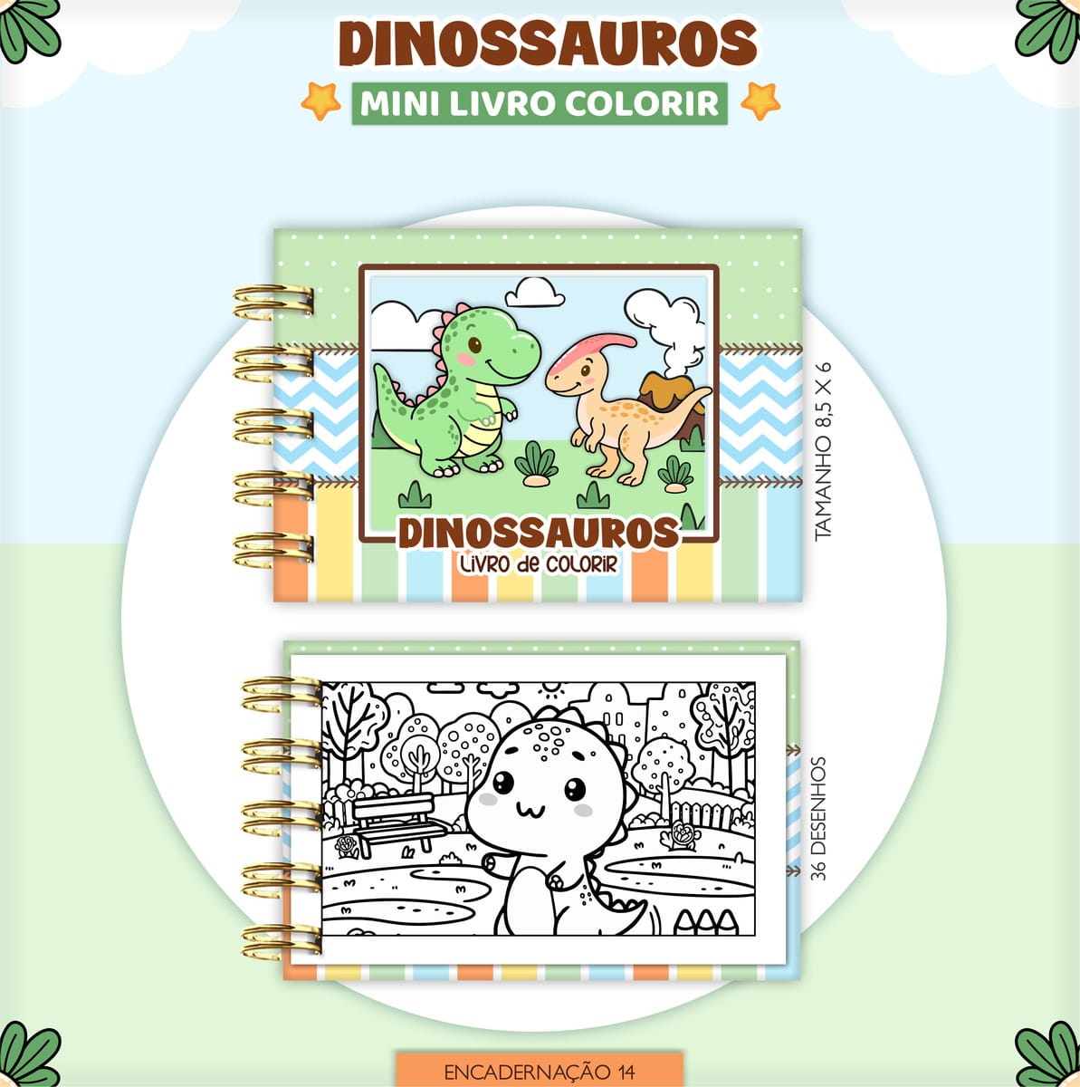 Mini Kit Dinossauro para Colorir Digital em PDF e PNG 1 Capa e página interna de um mini livro de colorir com tema de dinossauros.