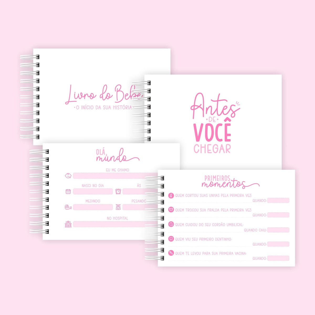 Miolos Digitais para Encadernação de Bebê em PDF 3 Várias páginas de um álbum de registros de bebê em encadernação espiral rosa.