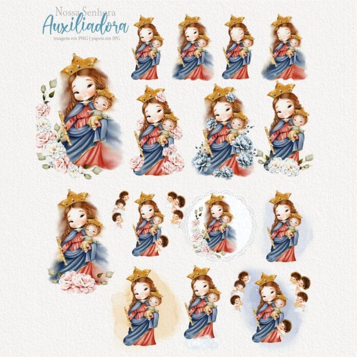 Nossa Senhora Auxiliadora Png Kit Digital Santinhos Aquarela