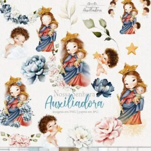 Nossa Senhora Auxiliadora Png Kit Digital Santinhos Aquarela