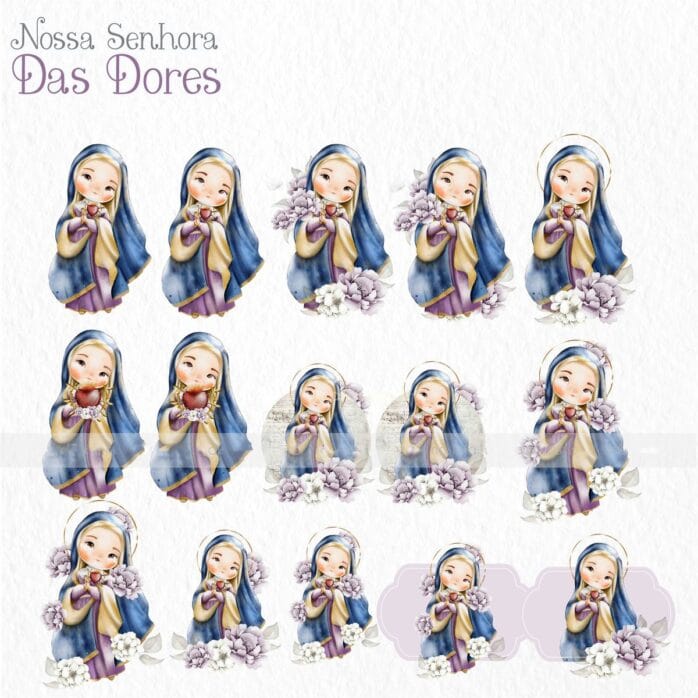 Nossa Senhora das Dores Kit Digital de Santinhos Aquarelados