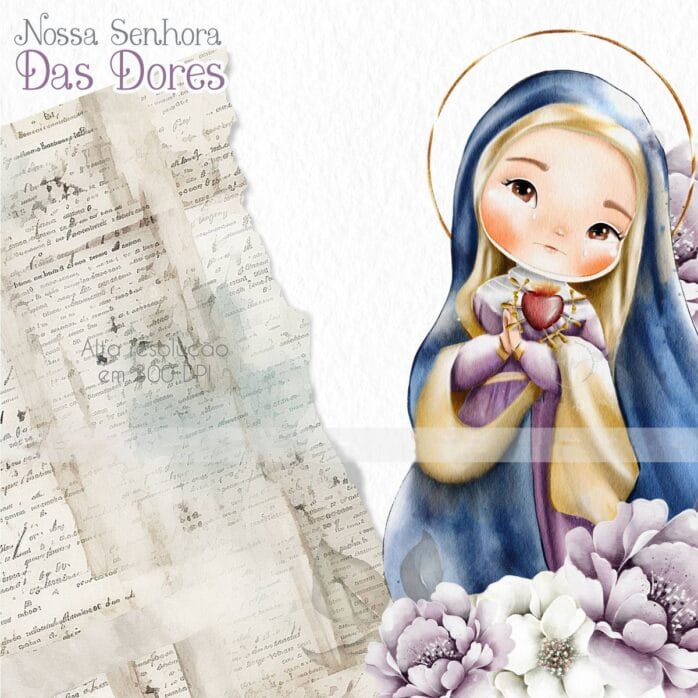 Nossa Senhora das Dores Kit Digital de Santinhos Aquarelados