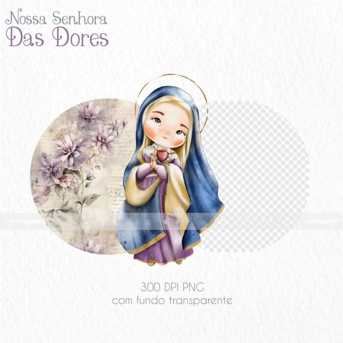 Nossa Senhora das Dores Kit Digital de Santinhos Aquarelados