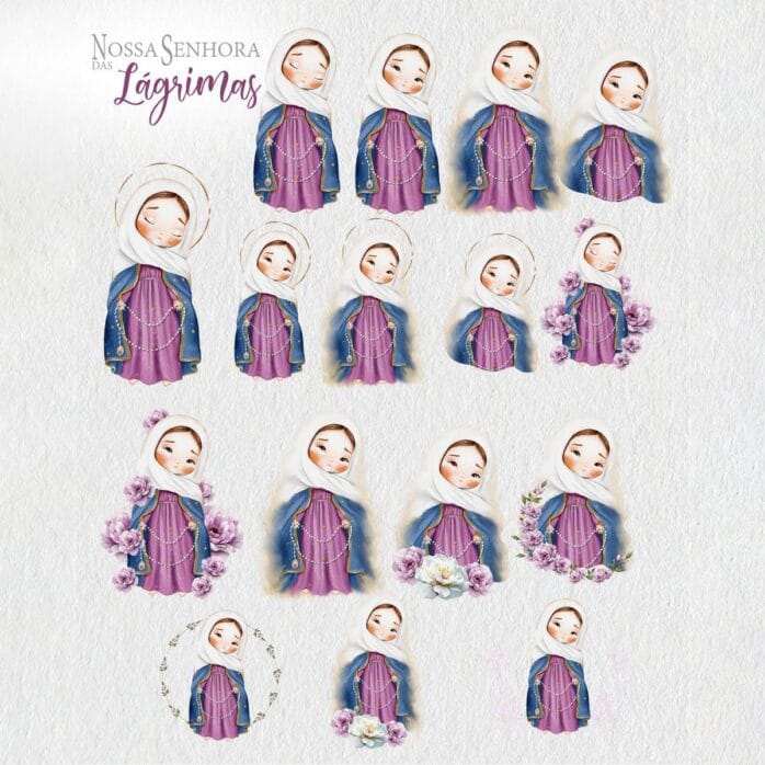 Nossa Senhora das Lágrimas Kit Digital de Santinhos Aquarela