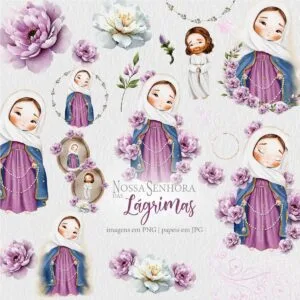 Nossa Senhora das Lágrimas Kit Digital de Santinhos Aquarela