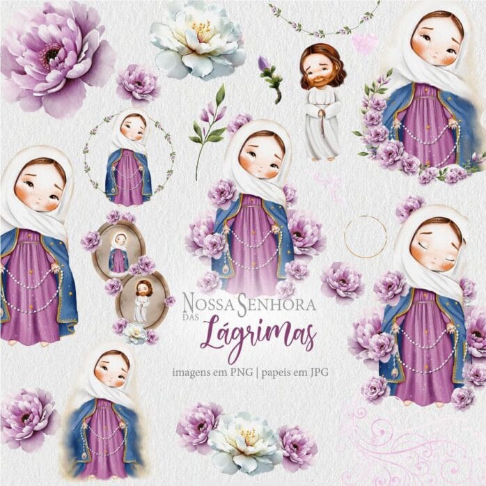Nossa Senhora das Lágrimas Kit Digital de Santinhos Aquarela