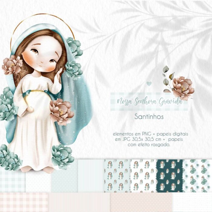 Nossa Senhora Grávida Kit Digital Ilustrações PNG Aquarela