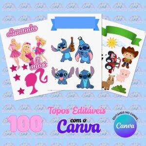 100 Topos de Bolo Editáveis no Canva para Festa Infantil 11 pack 100 topos editaveis no canva arquivo digital
