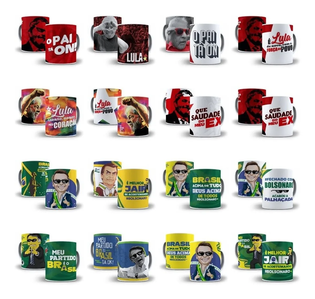 Coleção de canecas estampadas com fotografias e frases sobre política em fundo branco.