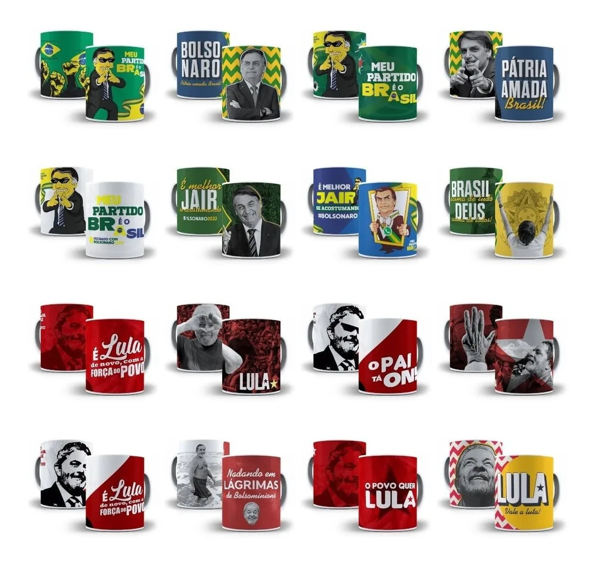 Coleção de canecas brancas estampadas com figuras políticas e frases patrióticas brasileiras variadas.