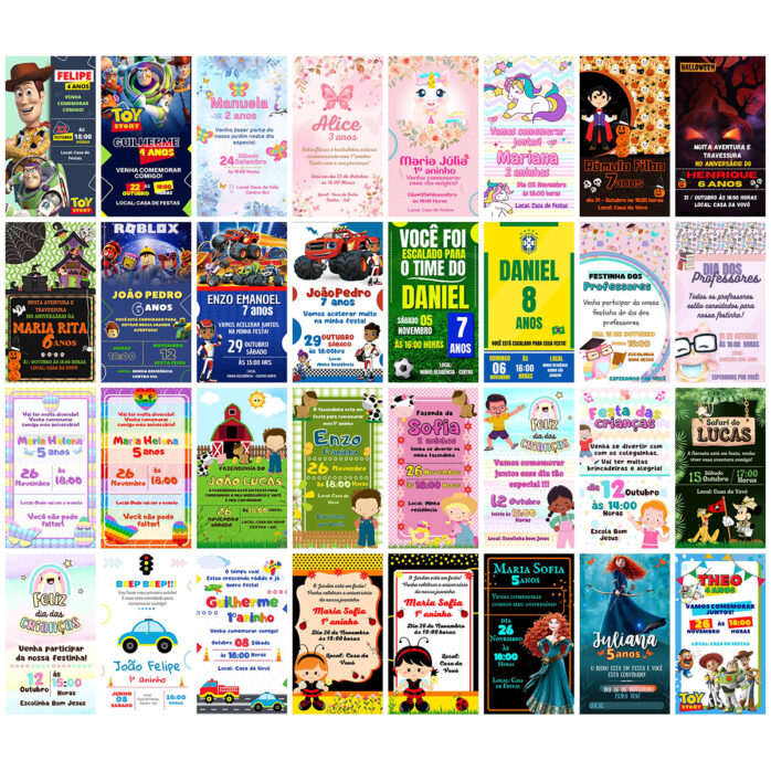Pack 415 Convites Infantis Digitais Editáveis No Canva