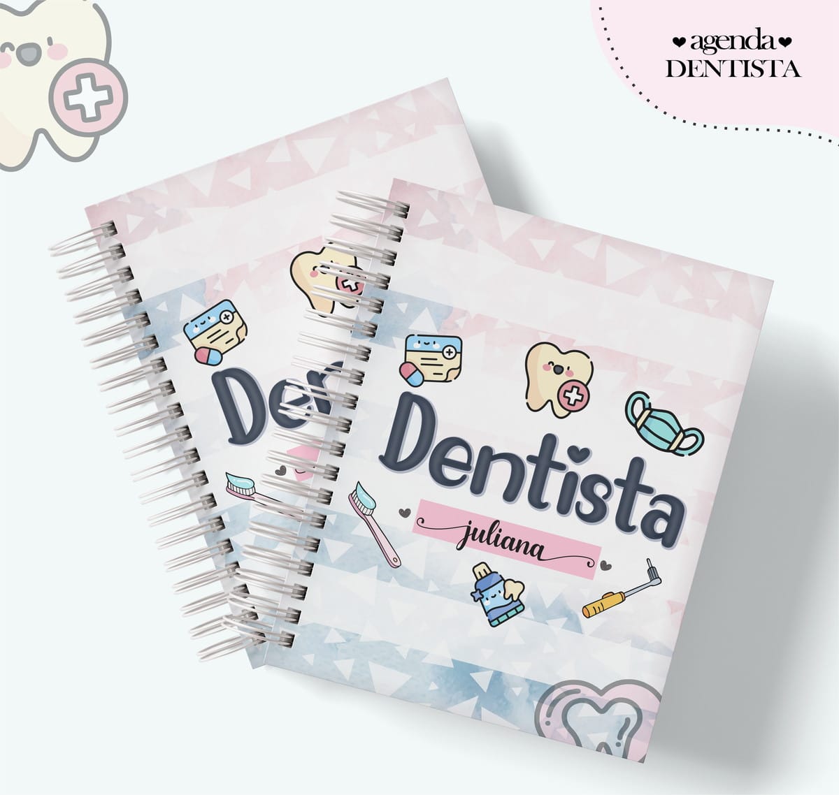Pack Agenda Profissões Femininas Digital para Personalizar 2 Dois cadernos espiralados com capa estampada com temas odontológicos coloridos