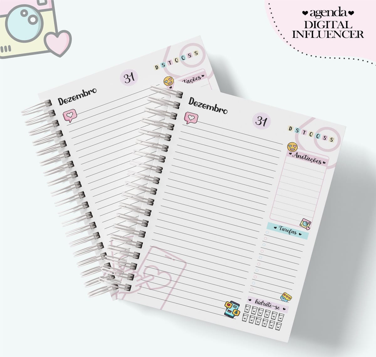 Pack Agenda Profissões Femininas Digital para Personalizar 3 Duas páginas de agenda aberta com espiral metálica, pautadas e decoradas.