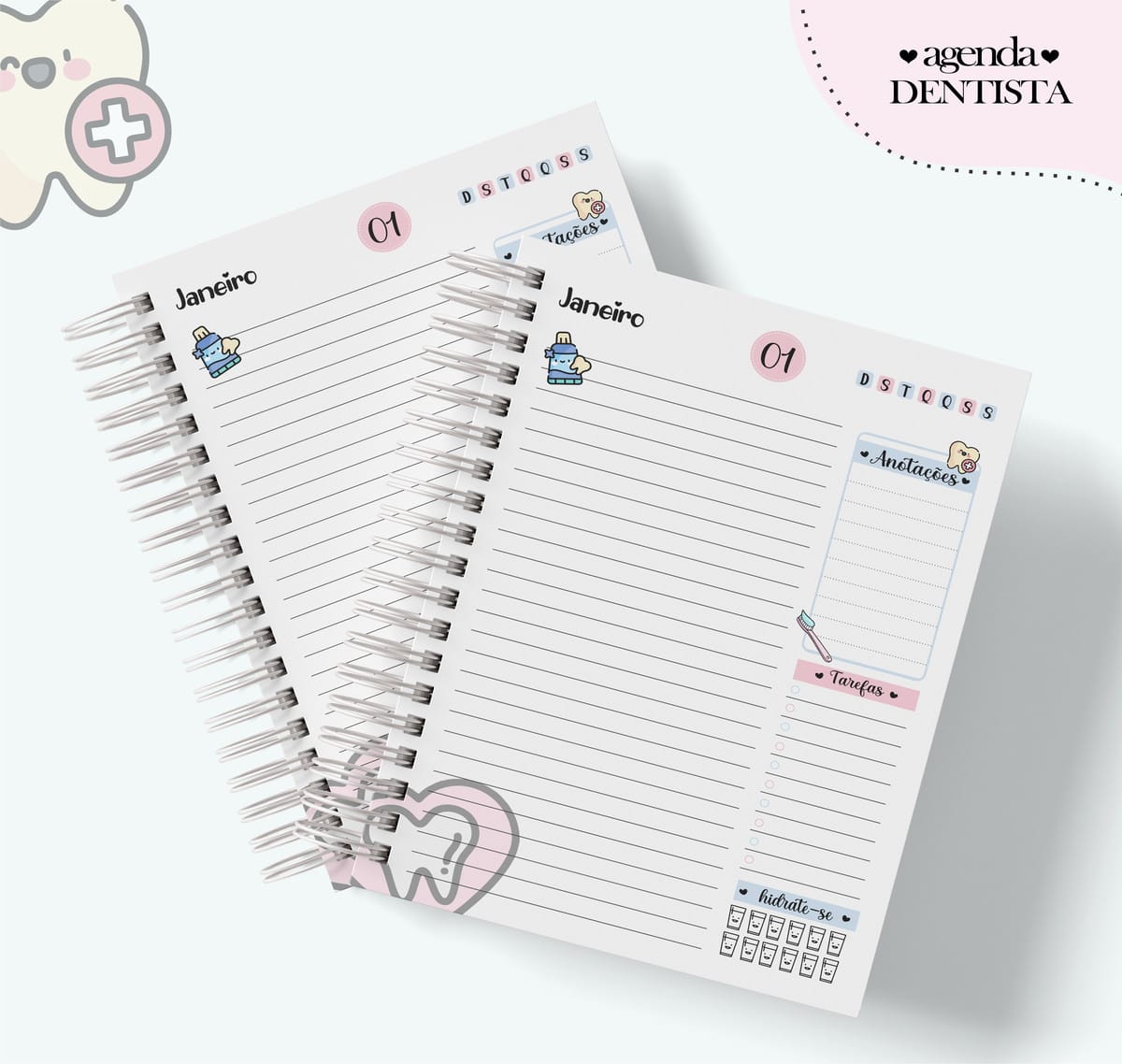 Pack Agenda Profissões Femininas Digital para Personalizar 4 Duas páginas de agenda pautada com temática odontológica em tons pastéis.