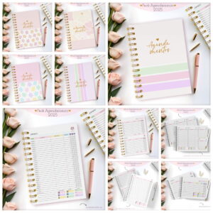 Coleção de agendas decoradas com flores cor-de-rosa dispostas em uma mesa branca.