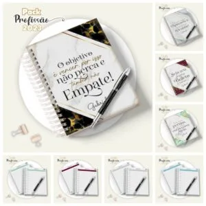 Conjunto de capas para cadernos com frases motivacionais e detalhes em dourado.