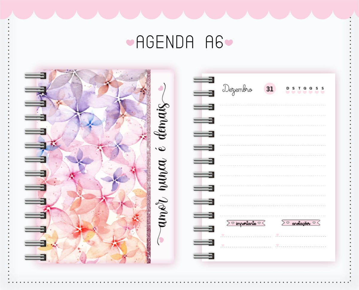 Pack Agenda A6 Digital Floral para Sublimação 2 Arte digital de agenda A6 com capa floral e frase, página de dezembro.
