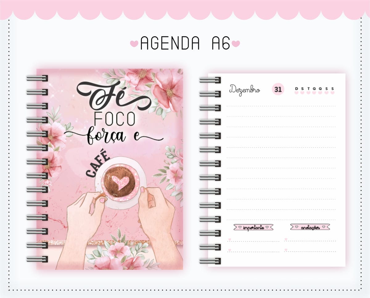 Pack Agenda A6 Digital Floral para Sublimação 3 Agenda digital A6 com capa floral e página de planejamento mensal.