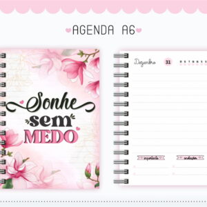 Pack Agenda A6 Digital Floral para Sublimação 8 Agenda digital A6 aberta com capa floral rosa e página de dezembro.