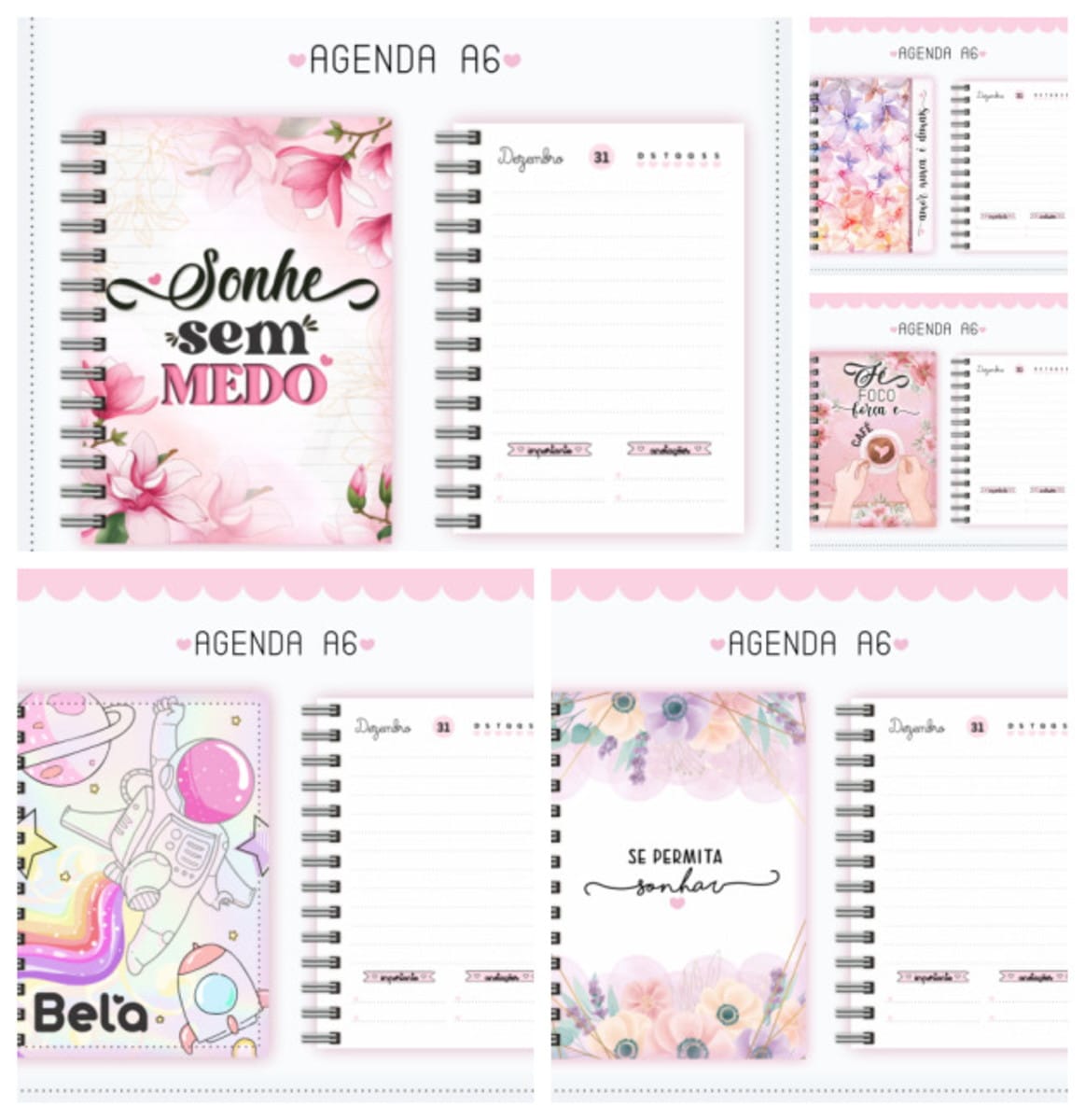 Pack Agenda A6 Digital Floral para Sublimação 4 Agendas digitais A6 com capas florais, espaciais e motivacionais, mostrando layouts internos.