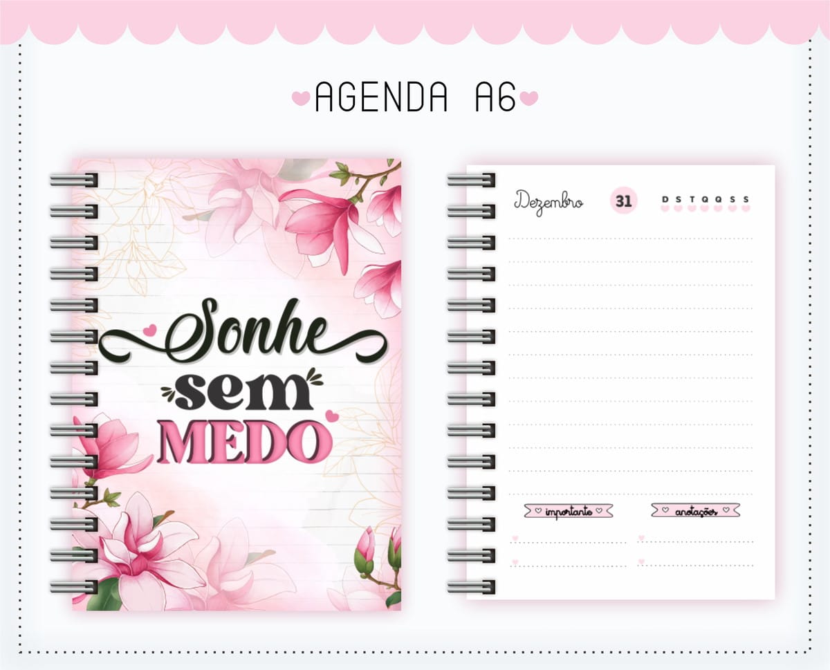 Pack Agenda A6 Digital Floral para Sublimação 1 Agenda digital A6 aberta com capa floral rosa e página de dezembro.