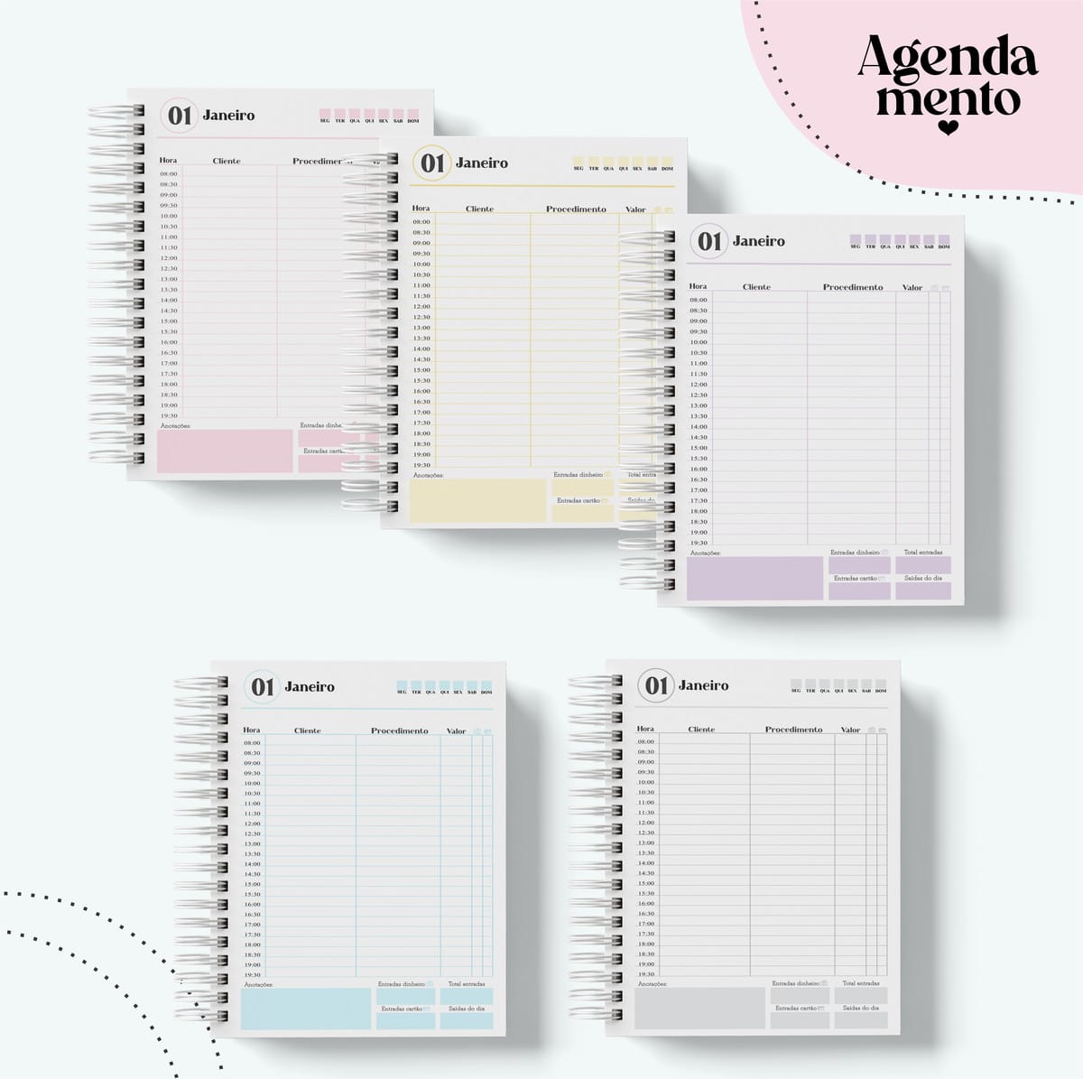 Pack Agenda Permanente Digital para Sublimação e Revenda 2 Cinco páginas digitais de agenda diária com horários e controle financeiro.