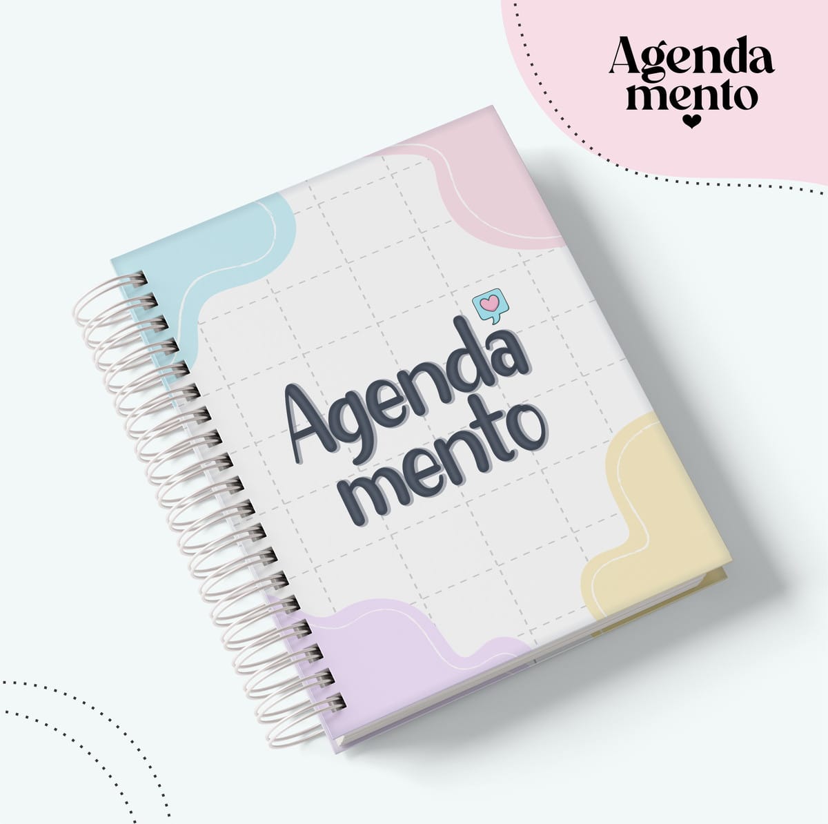 Pack Agenda Permanente Digital para Sublimação e Revenda 3 Arte digital de agenda espiral com capa pastel e texto 'Agenda mento'.