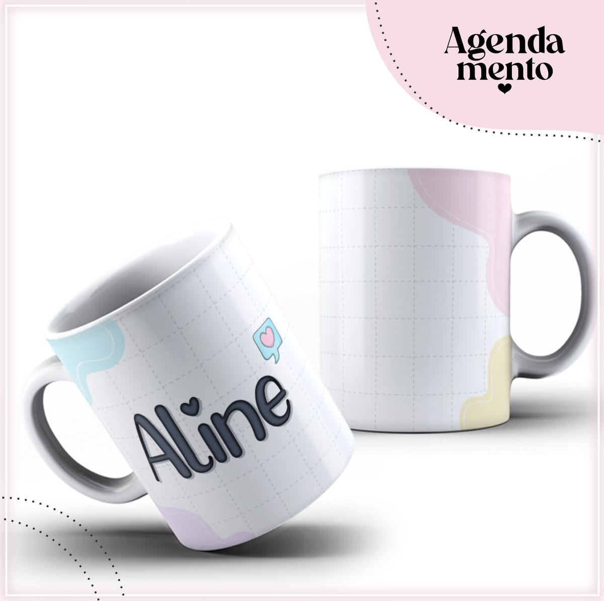 Pack Agenda Permanente Digital para Sublimação e Revenda 4 Arte digital de caneca com padrão de grade, formas pastel e ícone de coração.