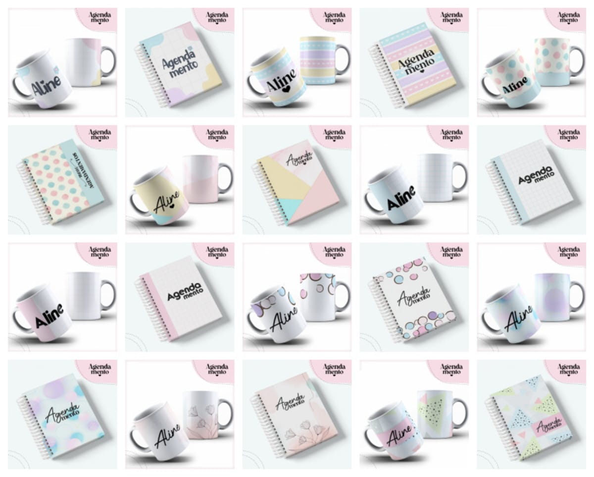 Pack Agenda Permanente Digital para Sublimação e Revenda 1 Arte digital de designs variados em tons pastel para canecas e agendas.