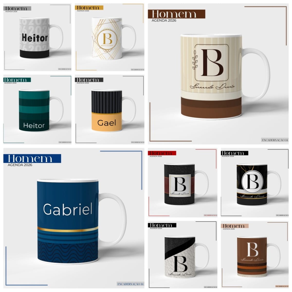 Pack Agendas Masculinas 2026 para Personalizar e Revender 3 Coleção de canecas personalizadas com diferentes designs e nomes masculinos.