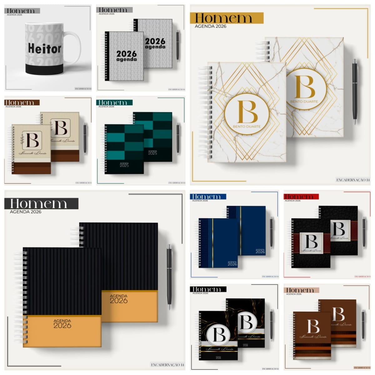 Pack Agendas Masculinas 2026 para Personalizar e Revender 1 Coleção de capas de agenda e itens de papelaria personalizados com diversas estampas.