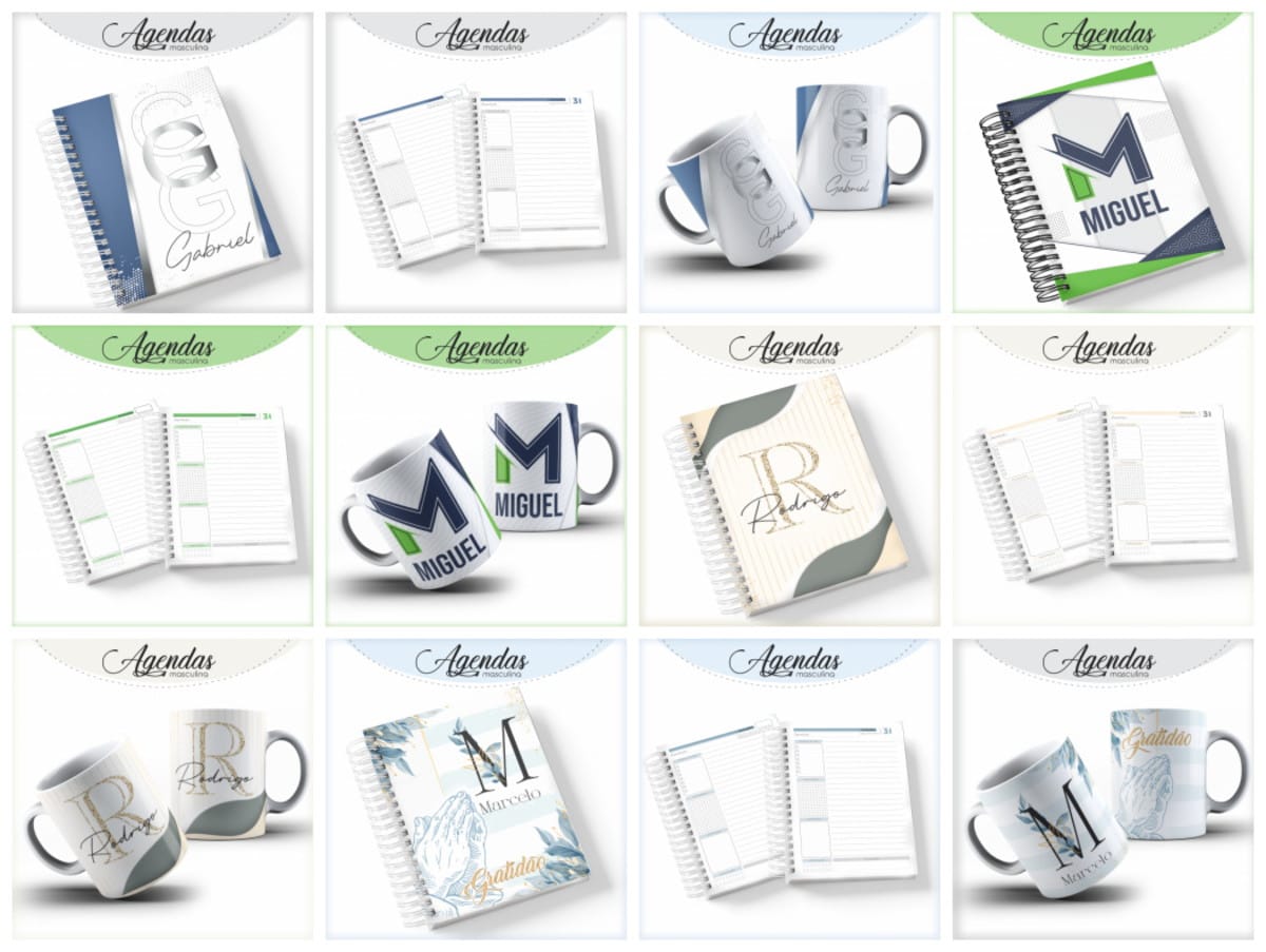 Pack Agendas Masculinas Personalizadas com Alfabeto 1 Pack Agendas Masculinas Personalizadas com Alfabeto