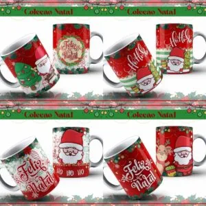 Várias canecas com estampas natalinas com Papai Noel e frases de Feliz Natal