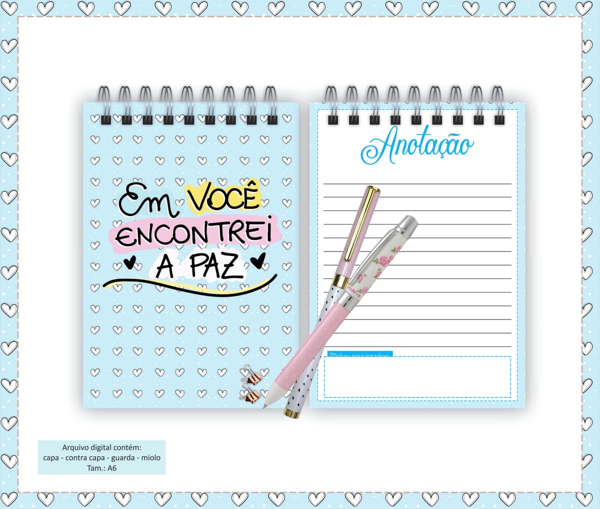 Pack de Bloquinhos Dia dos Namorados para Imprimir 2 Caderno digital A6 com capa azul de corações e canetas decoradas sobre a página.