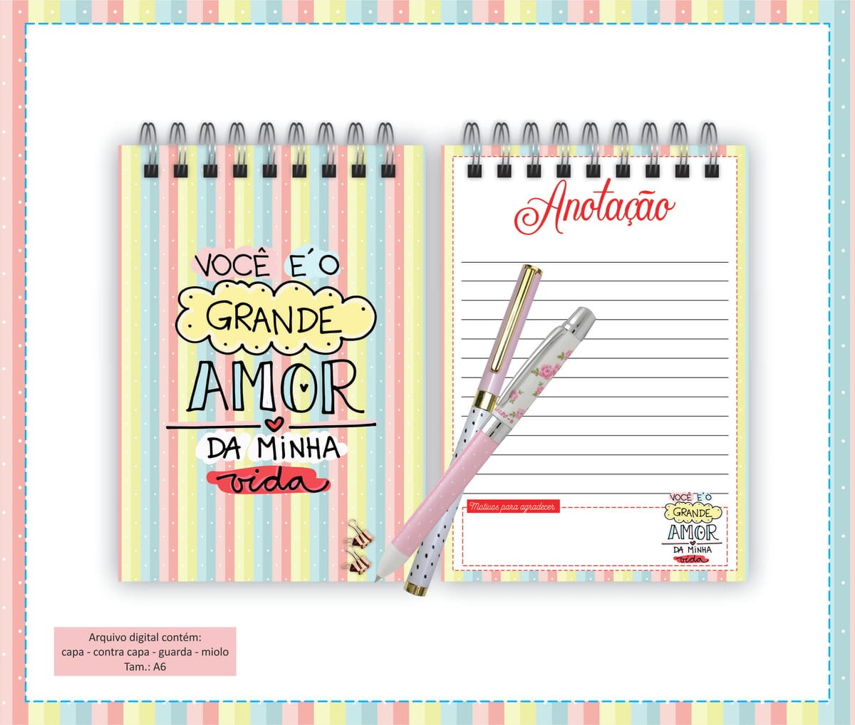 Pack de Bloquinhos Dia dos Namorados para Imprimir 3 Arte digital de caderno com capa 'Você é o Grande Amor' e página pautada.