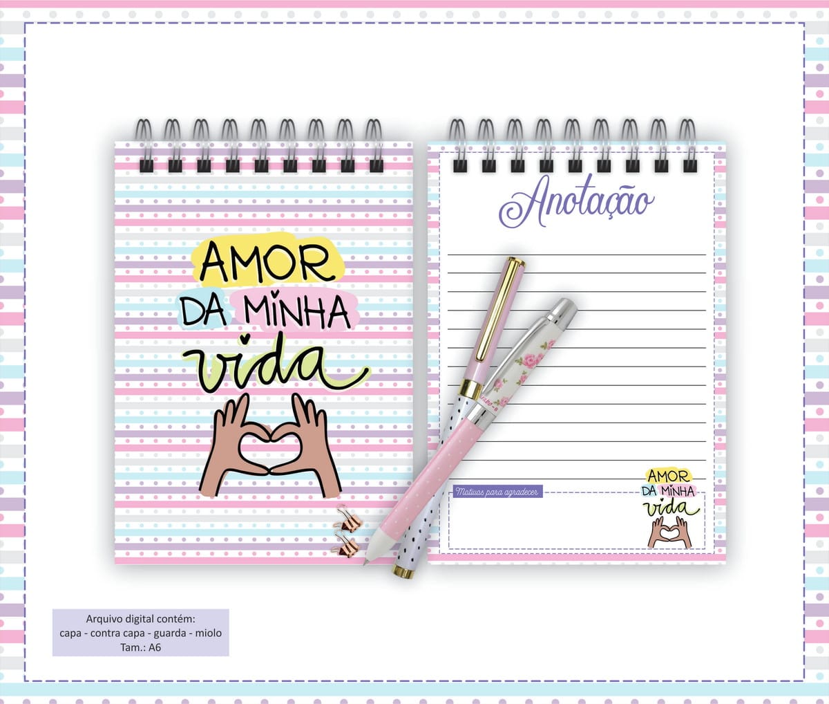 Pack de Bloquinhos Dia dos Namorados para Imprimir 4 Arte digital de caderno com capa colorida e páginas pautadas.