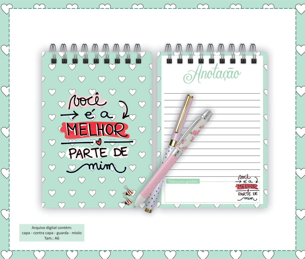 Pack de Bloquinhos Dia dos Namorados para Imprimir 5 Design de caderno digital aberto, capa verde-água com corações e frase inspiradora.