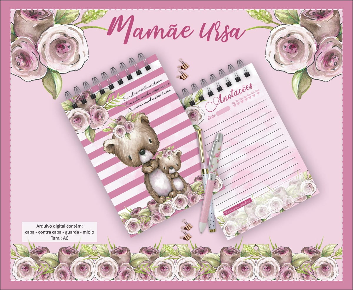 Pack Bloquinhos Digitais Mamãe Bichinhos para Imprimir 4 Arte digital de caderno com ursas, flores e fundo rosa para anotações.