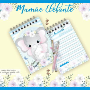 Arte digital de caderno com capa de elefantes e miolo de anotações, com canetas.