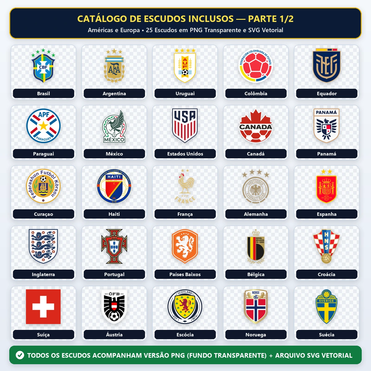 Pack Brasões Copa do Mundo 2026 Vetores PNG e SVG 2 Catálogo com vinte e cinco escudos de seleções de futebol das Américas e Europa.