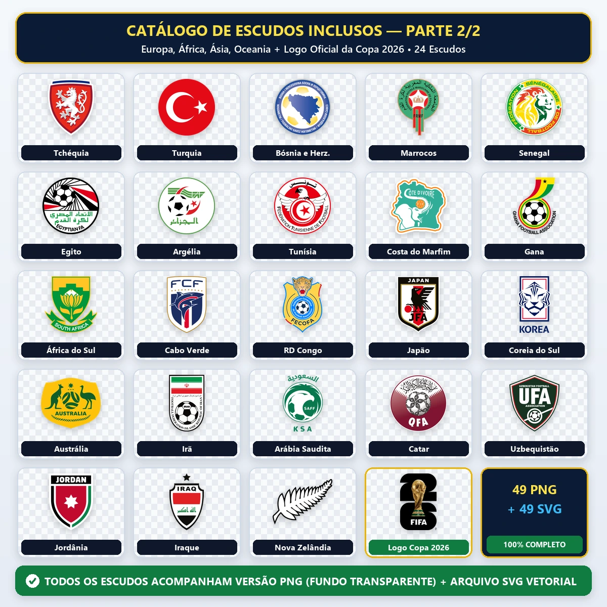 Pack Brasões Copa do Mundo 2026 Vetores PNG e SVG 3 Uma grade organizada apresentando diversos emblemas de seleções nacionais de futebol em fundo transparente.