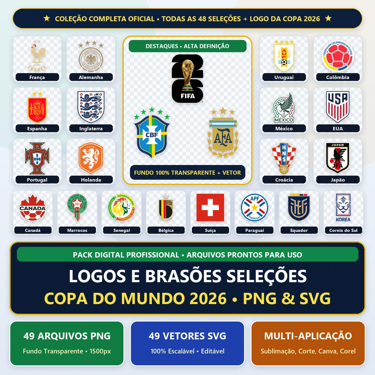 Pack Brasões Copa do Mundo 2026 Vetores PNG e SVG 1 Coleção de emblemas de seleções de futebol e logo da copa em fundo transparente.