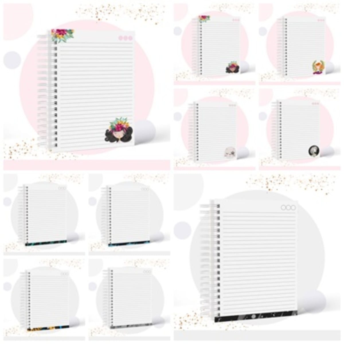 Pack Cadernos Teens Digital com 10 Temas para Personalizar 2 Coleção de cadernos espiralados com folhas pautadas e ilustrações variadas sobre fundo claro.