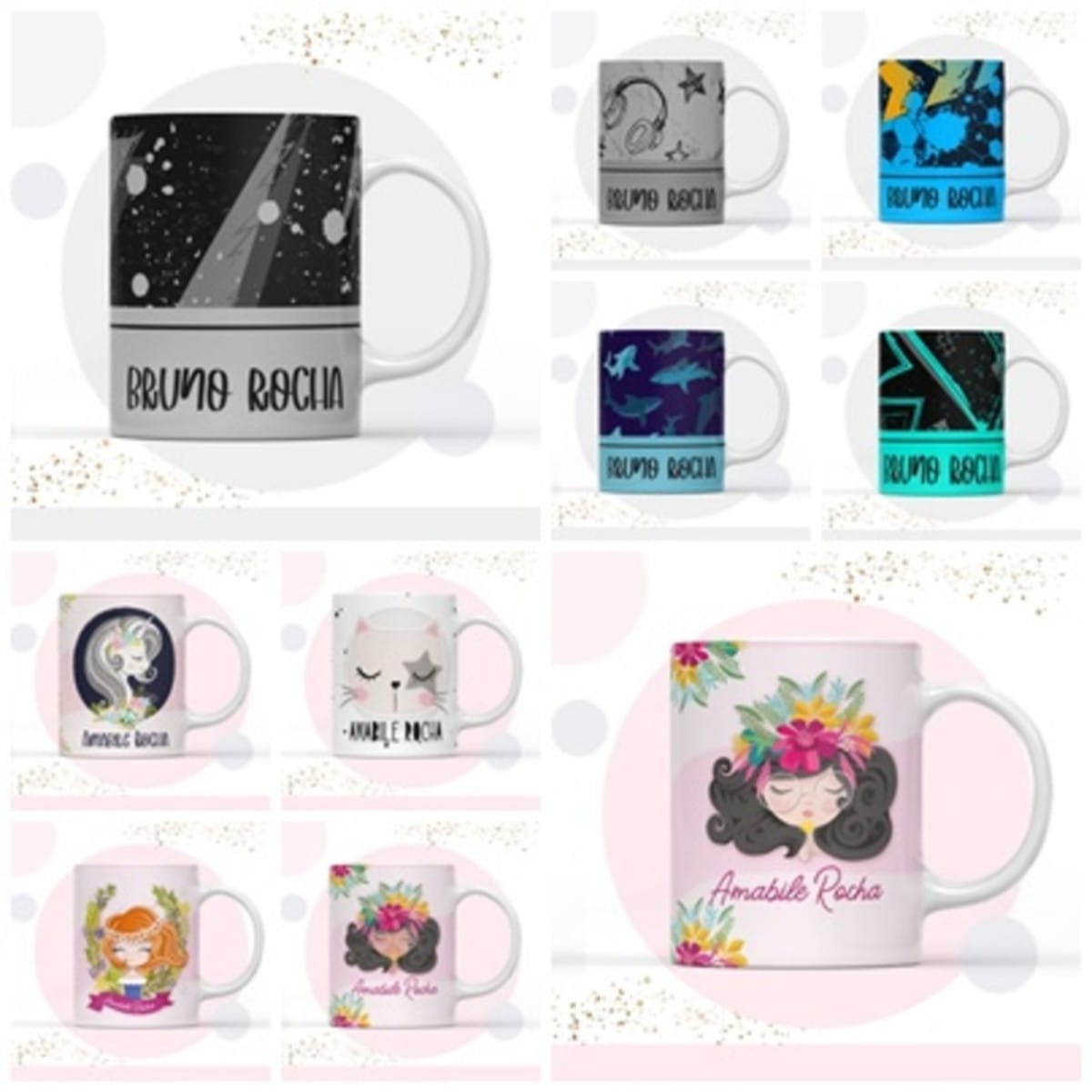 Pack Cadernos Teens Digital com 10 Temas para Personalizar 3 Coleção de canecas brancas personalizadas com estampas e nomes variados.