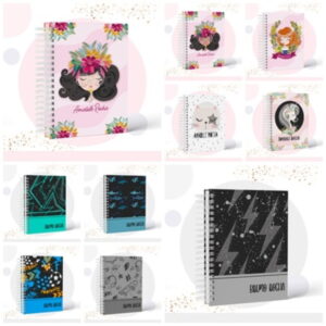 Coleção de cadernos personalizados com capas ilustradas e espiral branca.