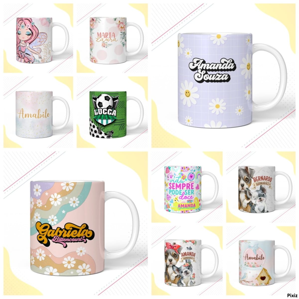 Pack de Artes para Canecas Infantis Personalizadas 2 Nove artes digitais de canecas com designs variados, incluindo flores, personagens e temas.