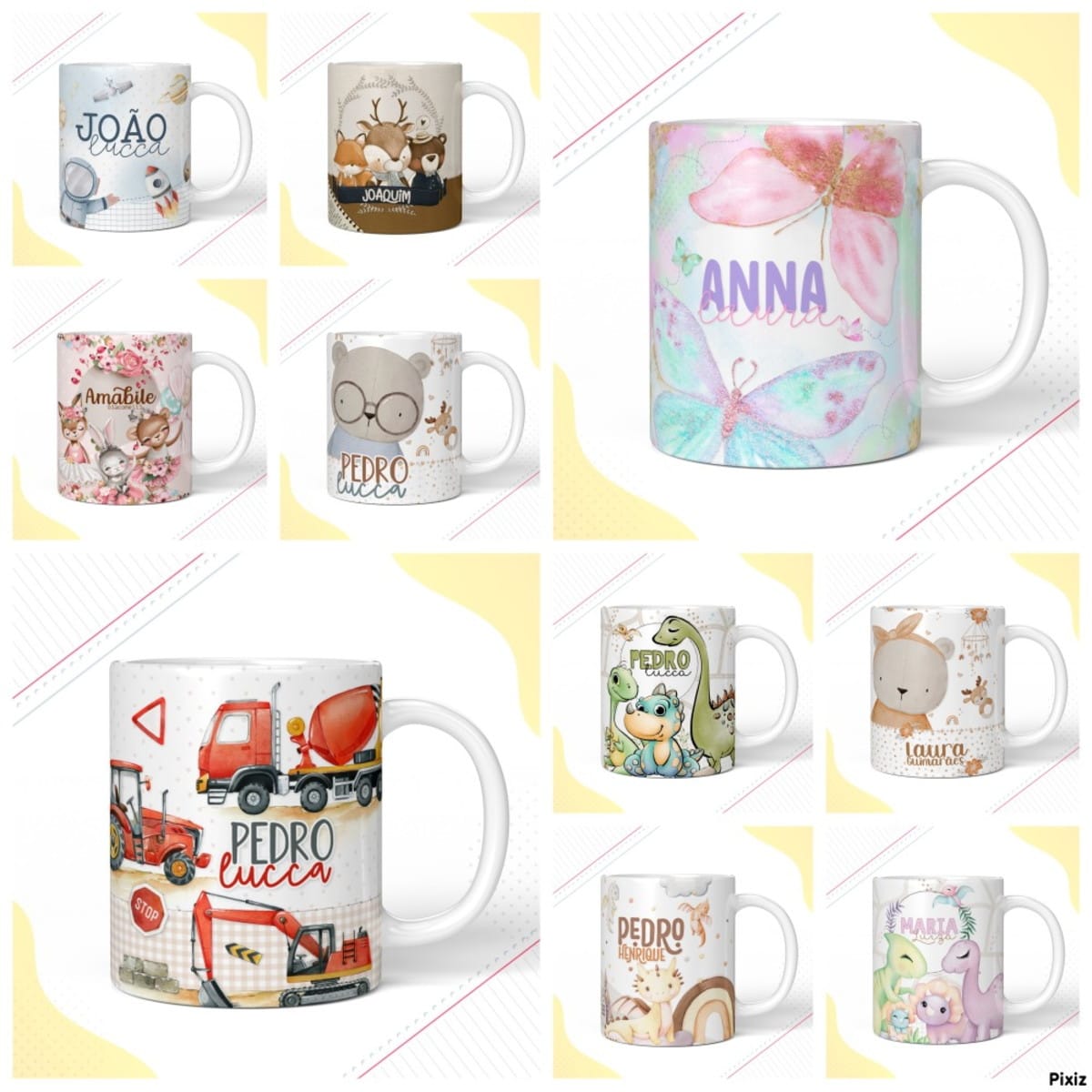 Pack de Artes para Canecas Infantis Personalizadas 3 Nove canecas brancas com arte digital de temas infantis variados, como animais, veículos e borboletas.