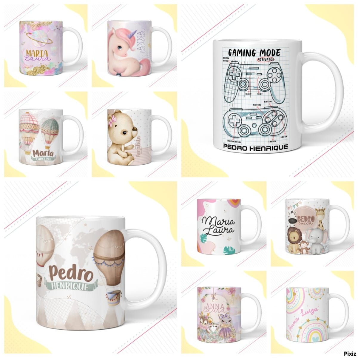 Pack de Artes para Canecas Infantis Personalizadas 4 Nove canecas brancas exibindo arte digital variada: unicórnio, balões, ursinho, controles de videogame, animais.