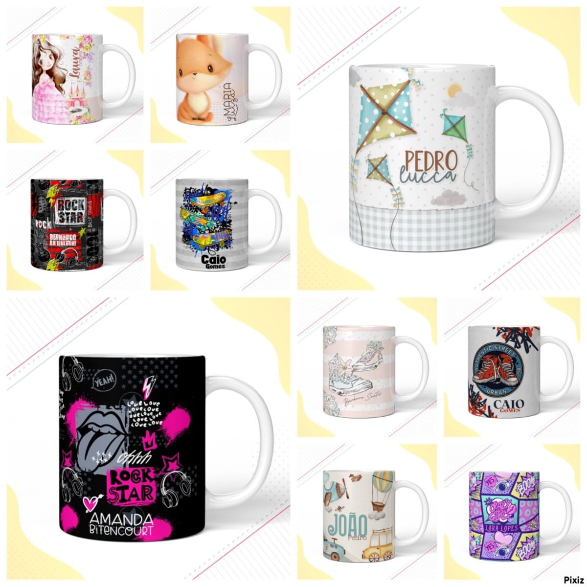 Pack de Artes para Canecas Infantis Personalizadas 1 Nove canecas brancas com arte digital de diversos temas infantis e juvenis.